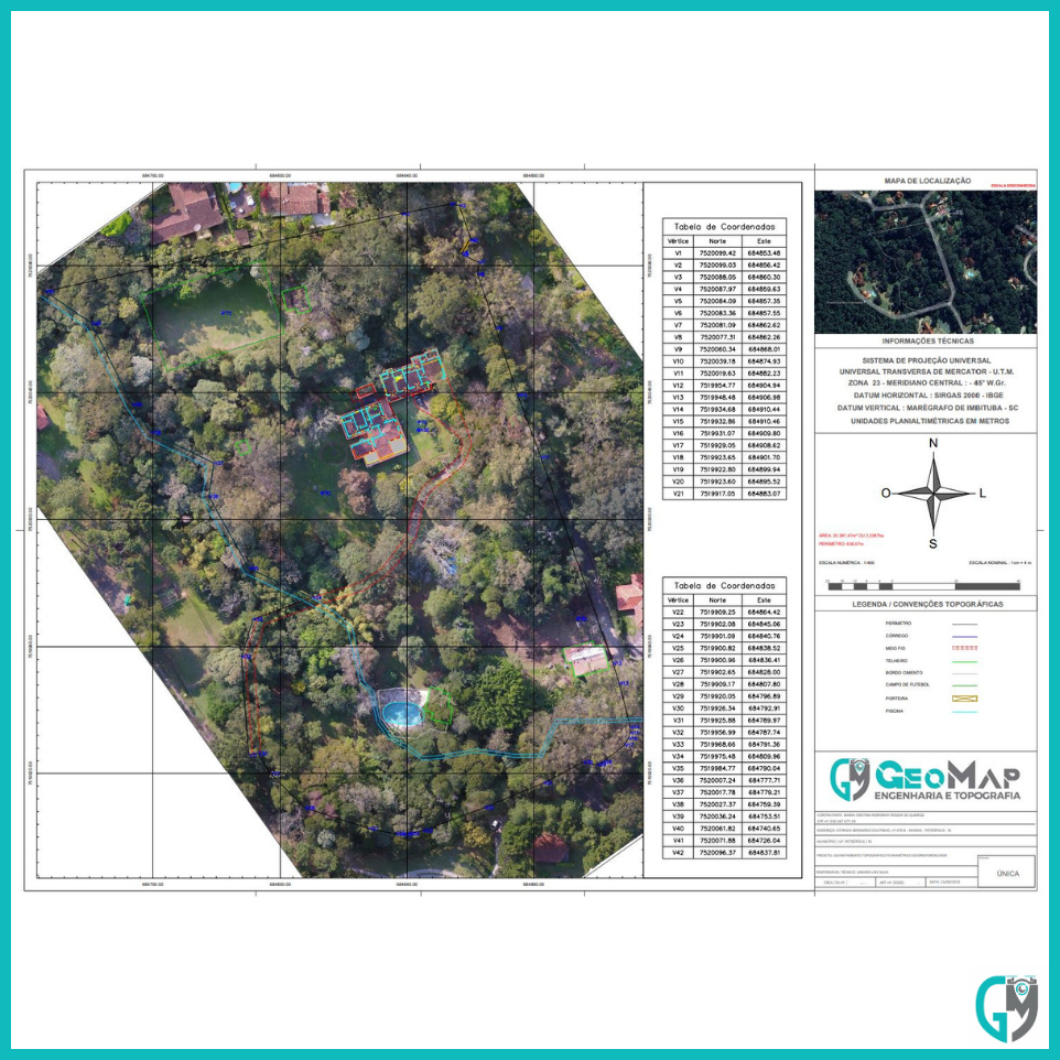 Planta de um levantamento topográfico com mapeamento aéreo para geração de ortofoto.