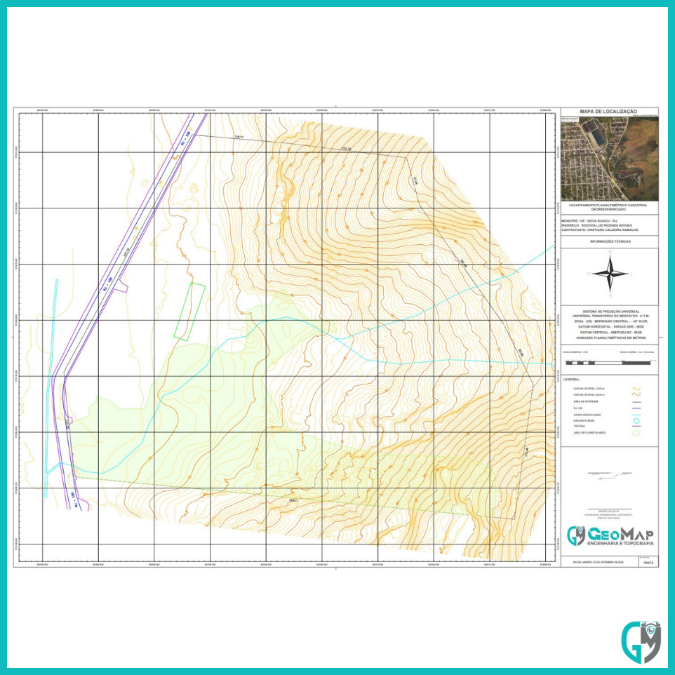 Planta de um levantamento topográfico e determinação das curvas de nível.