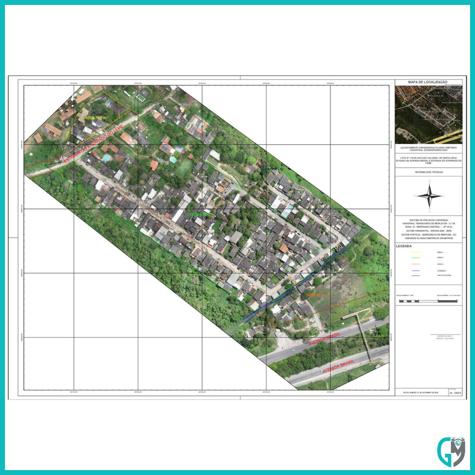 Planta de um levantamento topográfico com mapeamento aéreo para geração de ortofoto.