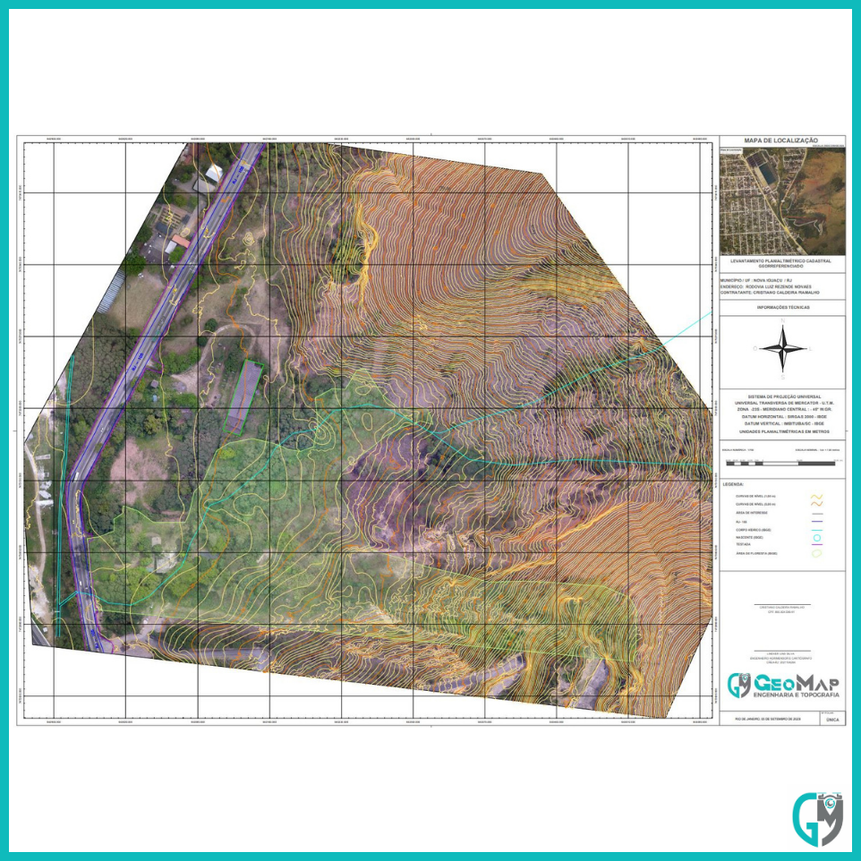 Planta de um levantamento topográfico com mapeamento aéreo para geração de ortofoto.