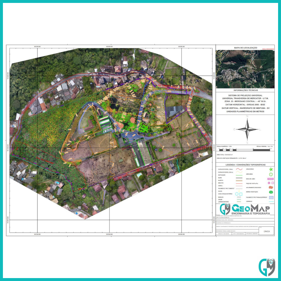 Planta de um levantamento topográfico com mapeamento aéreo para geração de ortofoto.