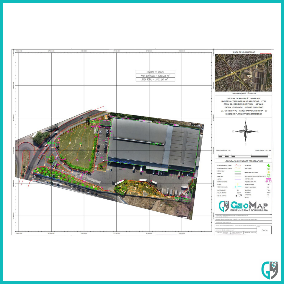 Planta de um levantamento topográfico com mapeamento aéreo para geração de ortofoto.